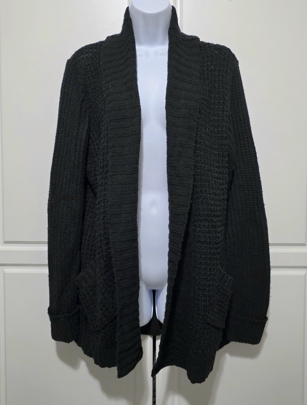 RDI Womens Black Ribbed Knit Drape Open Front Cardigan w Pocket Folded Sleeve M